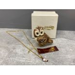 Hidden treasures enamelled barn owl heirloom with matching miniature owl pendant on chain, hand cast