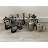 Miscellaneous coffee strains and teapots and a candelabra