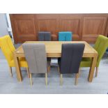 Solid oak dining table and 6 multicoloured chairs