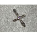 Silver marcasite and amethyst set cross 2.1g