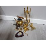 Misc brass pieces part fire companion set, horse ornaments, trophies etc ,