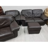 4 piece brown leather suite includes 2 seater sofa, 2 single armchairs plus pouffe