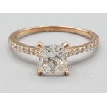 18ct rose gold 1ct princess cut diamond ring - Gia certified and laser inscribed S11 K colour centre