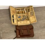 Vintage child’s tool set housed in original wooden case together with leather bag