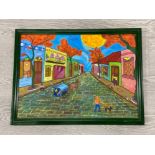 An oil on canvas of a very colourful Cuban street scene, signed Elizabeth and with Cuban