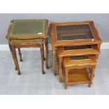 Oak framed nest of 2 leather topped tables plus nest of 3 glass topped tables