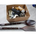 Box of mixed items to include giant spoon and fork, buddha figure, plated drinks tray with gallery