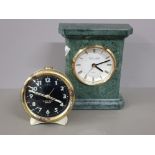 Green polished granite mantle clock by Churchill together with a wind up alarm clock, baby Ben by