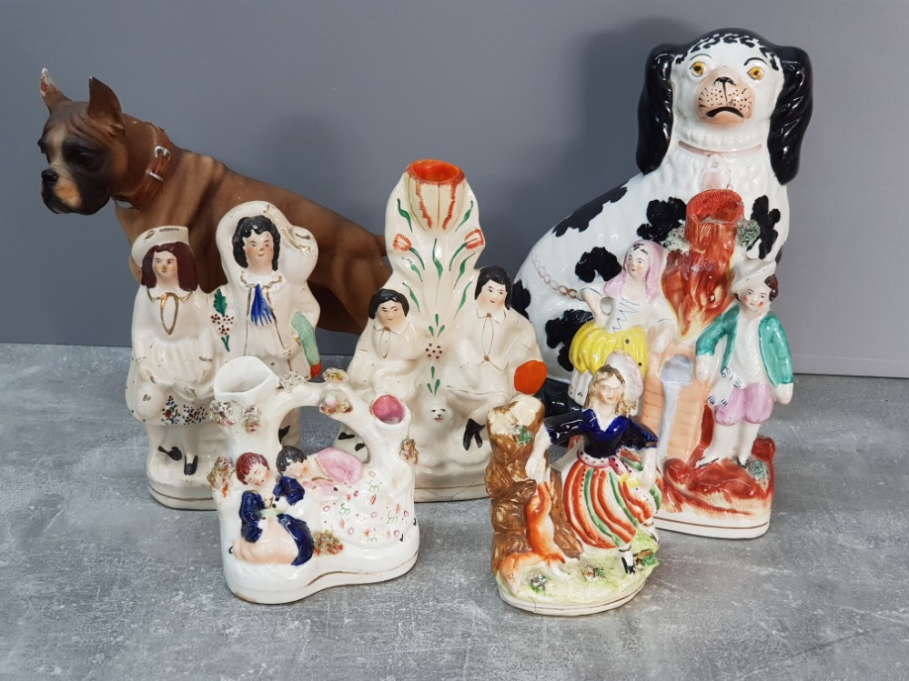 6 Staffordshire figures plus 1 large dog ornament