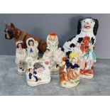 6 Staffordshire figures plus 1 large dog ornament