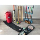 Miscellaneous sports equipment including GM cricket bat and stumps