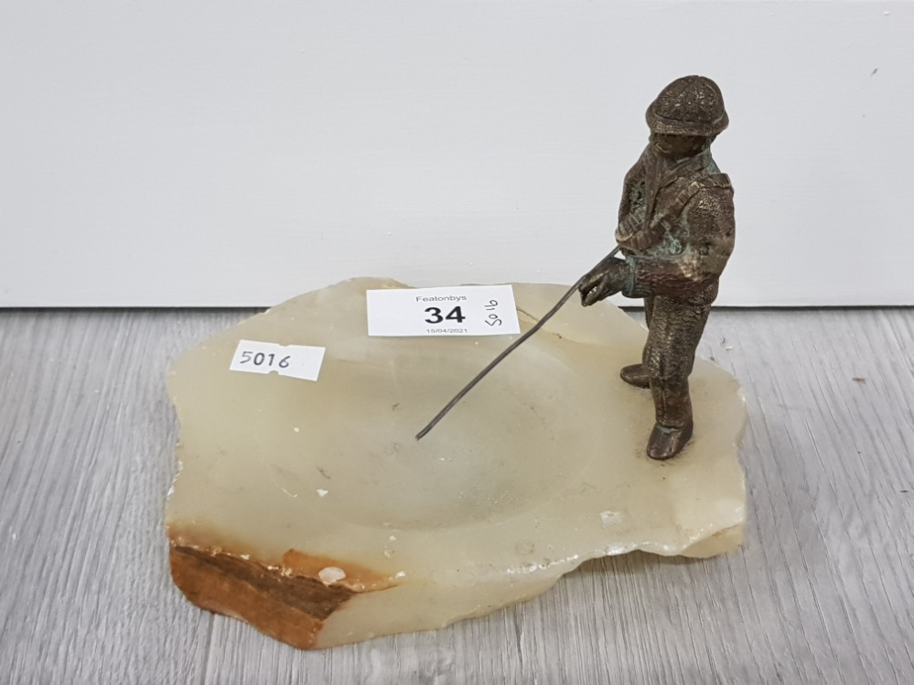 Onyx ashtray with cold painted bronze figure fisherman