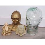 Vintage green glass mannequin head plus 3 other items, star wars C3PO money box, fat Buddha and