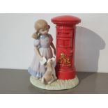 Lladro style figure designed by the the Leonardo collection, girl at postbox with dog