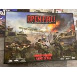 Classic military wargame by flames of war open fire, unused in box with all miniature models still