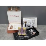 4 gift sets includes ladies Attimo perfume, BLKSmith gents shaving set, Olivia Blake hand and body