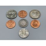 Collection of facsimile coinage 1869,1933,1934 & 1954 pennies plus 1905 half crown, 1844 crown and