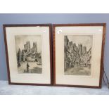 2 oak framed etchings of york, petergate and the cathedral of st.peter both signed preston cribb,