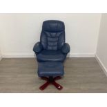 Blue leather stressless reclining relaxer armchair with matching footstool