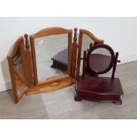 Pine 3 way dressing table mirror together with a reproduction mahogany single drawer mirror