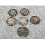 6 x young head Victoria sixpence mostly rubbed