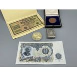 Collectables including vesta case banknotes and medal