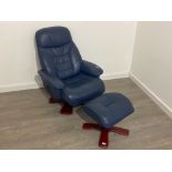 Blue leather stressless reclining relaxer armchair with matching footstool