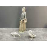 Lladro geese and lady with hen in basket and duck