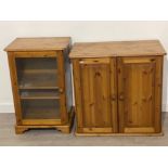 Pine glass door HI-FI cabinet 53x43cm, H82cm plus pine twin door entertainment tv unit 80x47cm,