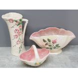 3 pieces of maling blossom lustre ware includes pitcher jug, basket and flower holder