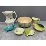 Maling lustre, carlton ware jugs, bowl and leaf plate