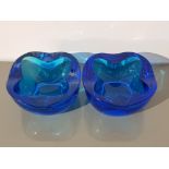 2 blue Sklo union czech glass bowls, designer Rudolf Jurnikl, 1960s