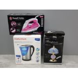Morphy Richards Brita kettle, Russell Hobbs steam glide iron and timepiece touch lamp, all boxed