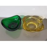 2 Sklo union czech glass bowls yellow and green by designers Rudolf Jurnikl and Vaclav Hanus