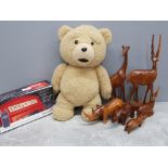 Mixed lot containing Collectable TED cuddly soft bear, carved wooden animal ornaments and vintage