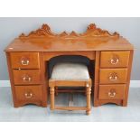 Malaysian wood hand carved twin pedestal desk with stool, 139x49cm
