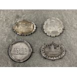 4 silver Victorian tourist ware place brooches. Souvenir ware Lincoln cathedral, Oakland Windermere,