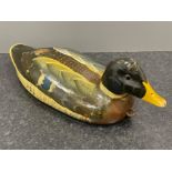 Early 20th century hand carved wood Decoy drake with glass eyes and tethering ring to front