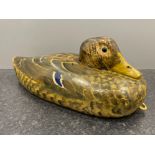 Early 20th century hand carved wood Decoy duck with glass eyes and tethering ring to front