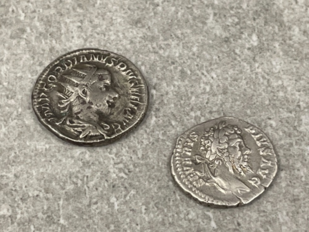 2 Roman silver Denarius coins. Emperor septimius severus 193-211 AD period and Emperor Gordian III