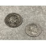 2 Roman silver Denarius coins. Emperor septimius severus 193-211 AD period and Emperor Gordian III