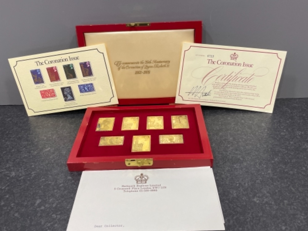 Silver. Boxed set of hallmarked sterling silver, gold plated stamps issued to celebrate the