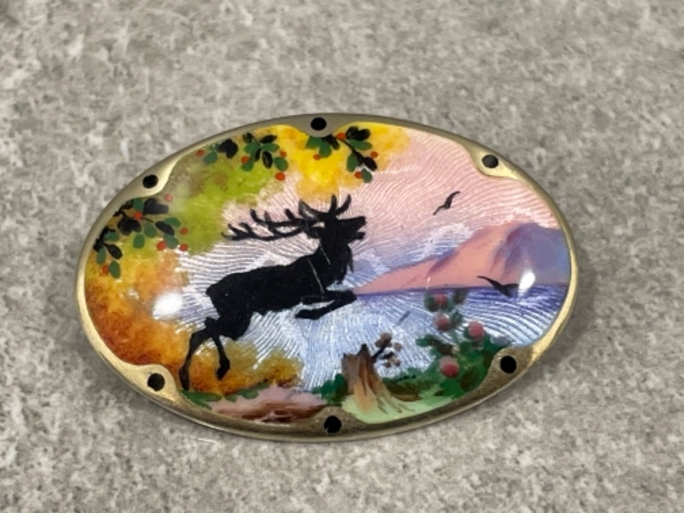 Early Gustav Hellstrom Norway designer sterling silver and pawted enamel brooch fully marked to rear