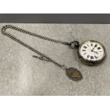 Silver hallmarked pocket watch with silver chain and fob (60g)