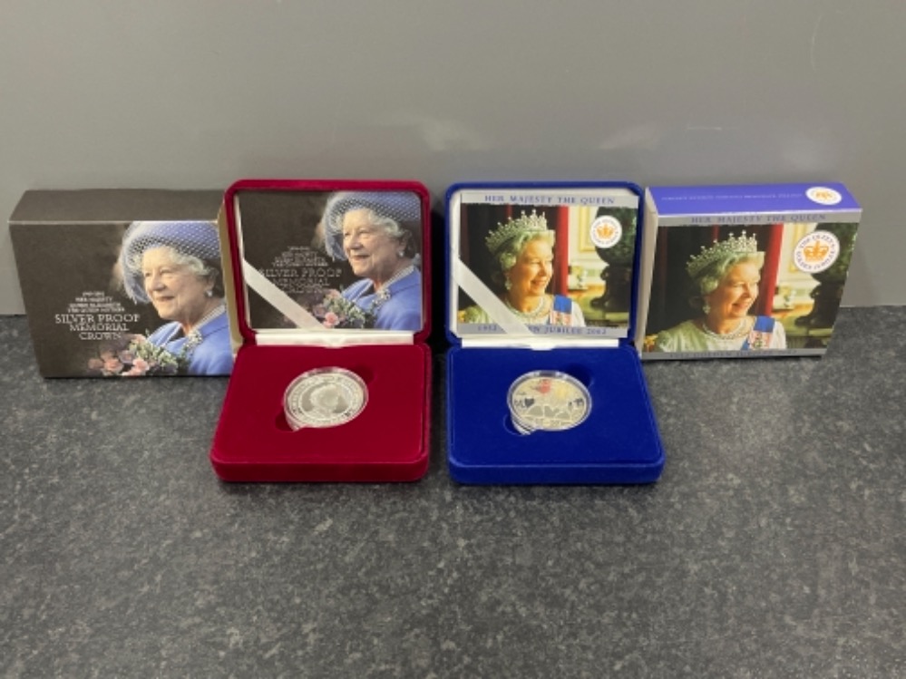 Royal mint Queen Elizabeth II 2002 golden jubilee crown proof silver coin in original box with COA