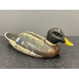Early 20th century hand carved wood Decoy drake with glass eyes and tethering ring to front