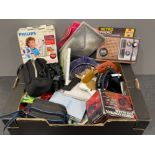 Large box of miscellaneous items including cameras, bric a brac