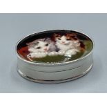 Silver enamel set pill box with kitten image