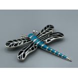 Silver turquoise and enamel set dragonfly brooch
