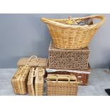 Collection of wicker items, picnic baskets, twin handled laundry etc